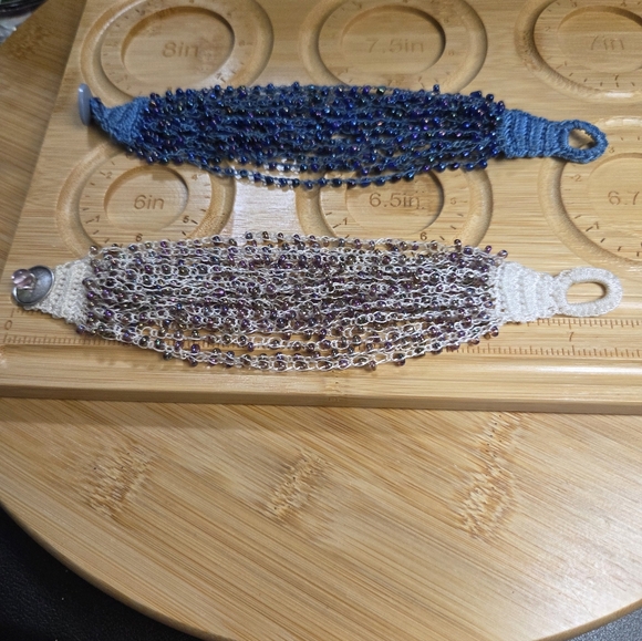 Elegant Beaded/Embroidered Bracelets Set of 2- Blue and White - Picture 5 of 5